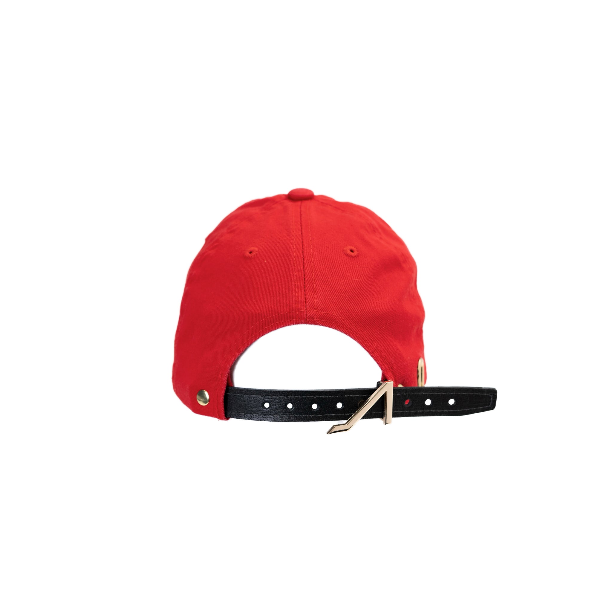 Red dad hat gold patent logo